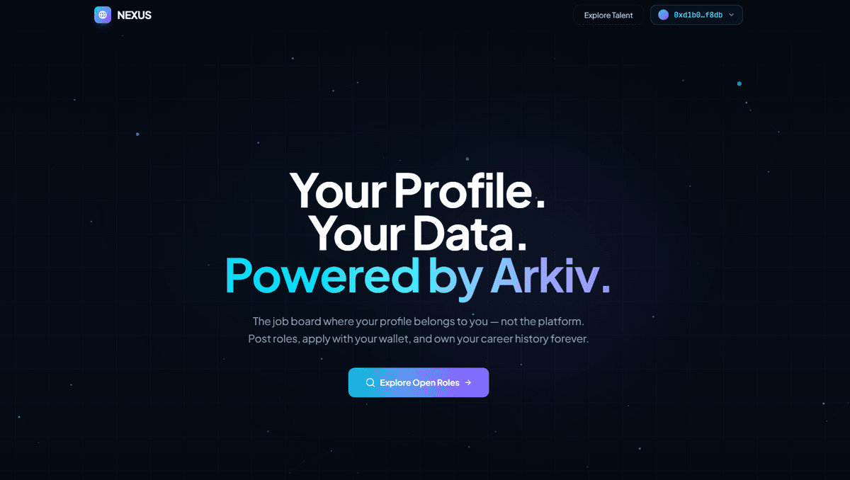 Nexus landing page: Your Profile. Your Data. Powered by Arkiv.